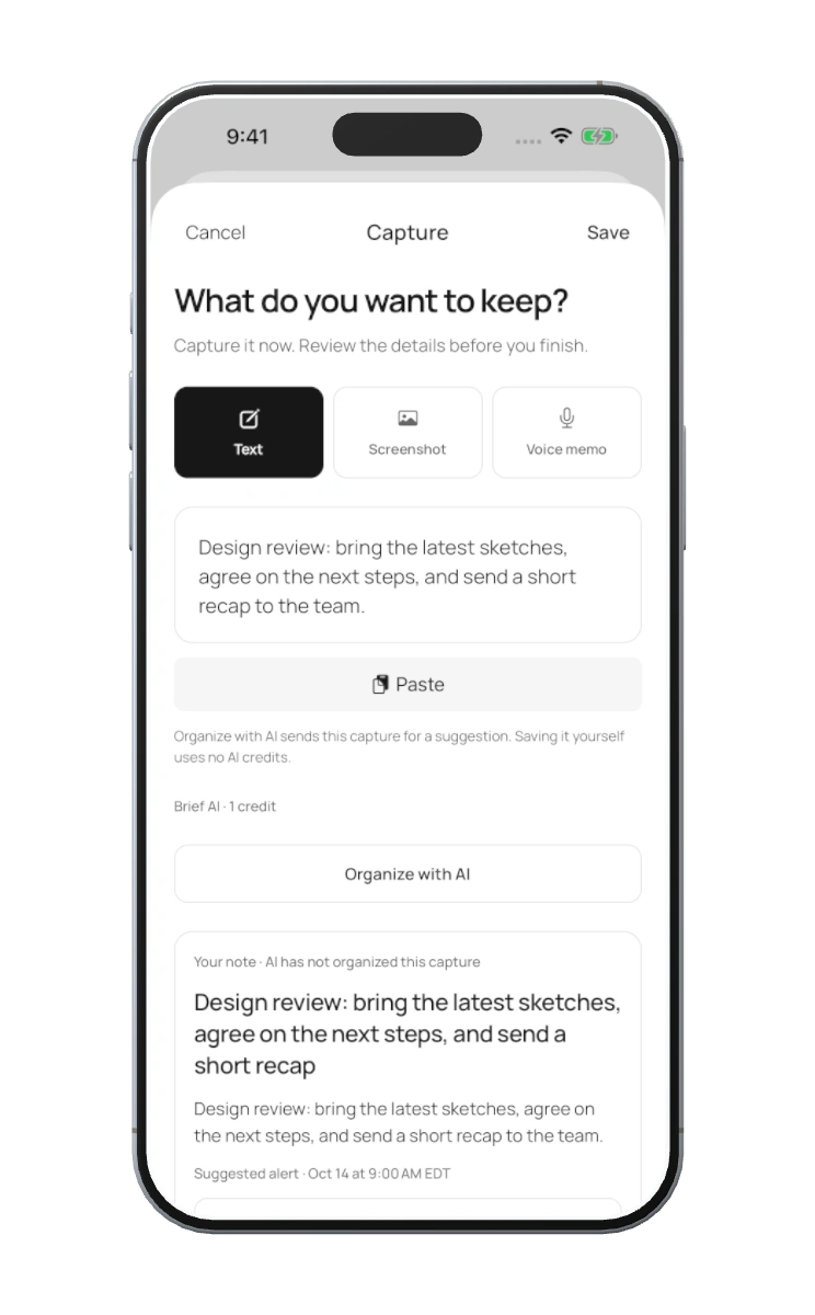 Brief’s Capture screen with a draft example note.