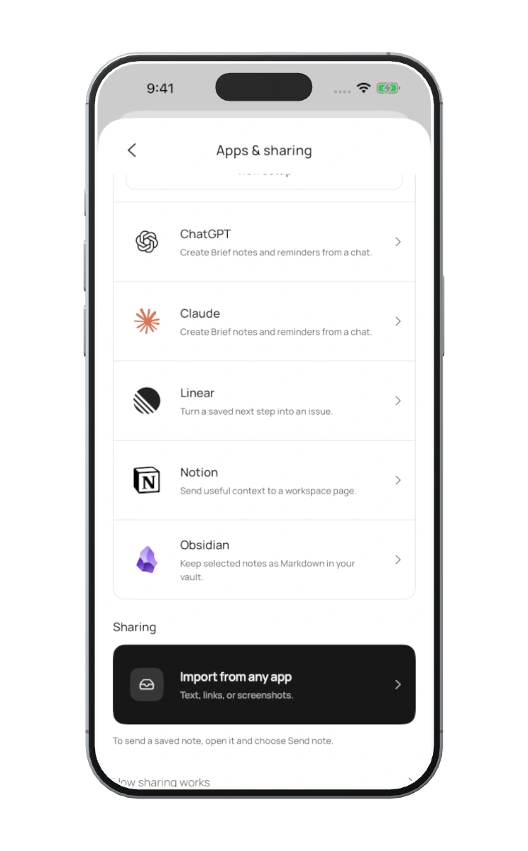 Brief’s Apps & sharing integrations.