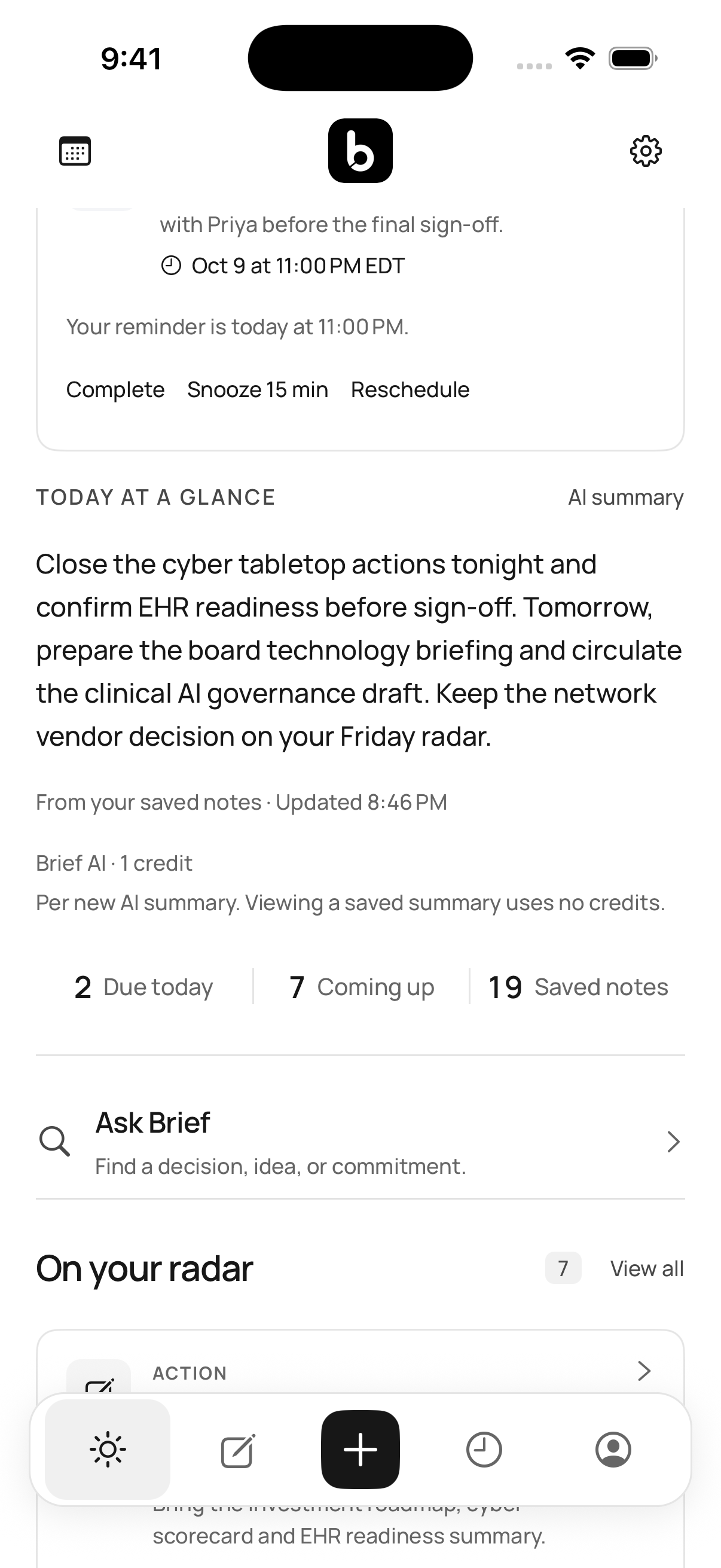 Real Brief daily overview with an AI summary from saved notes.
